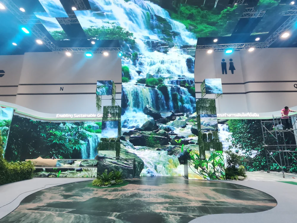 Waterfall imagery across the ThaiBev exhibition displays